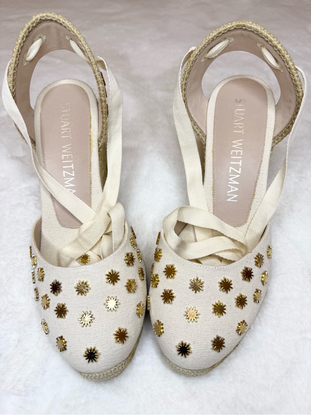 Stuart Weitzman Cream Espadrille Slingbacks with Gold Star Studs